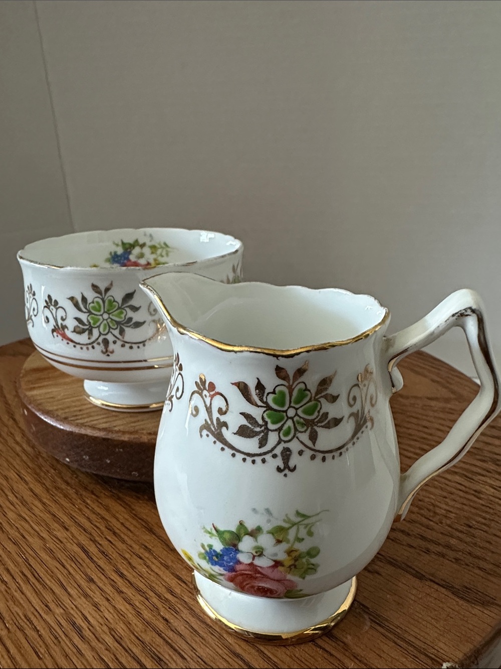 Vintage Porcelain Floral Creamer and Sugar Bowl with Gold Trim